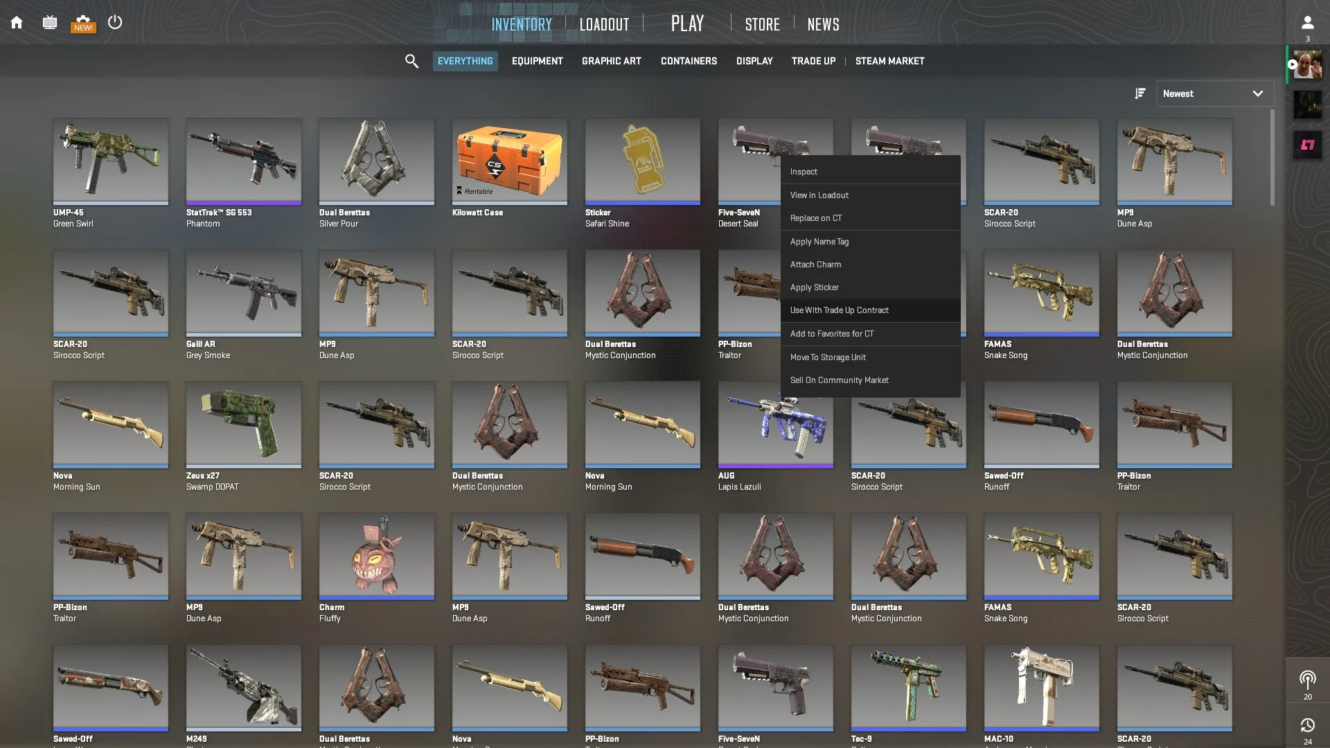 CS2 inventory with the right click menu open on a skin, showing the Use with Trade Up Contract option