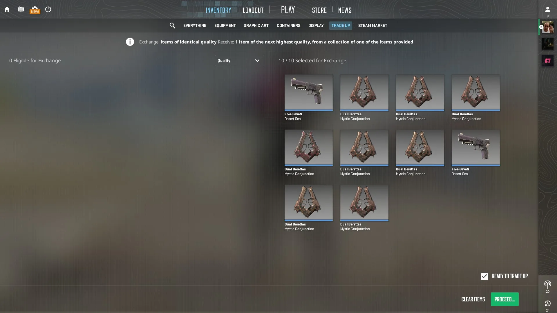 CS2 trade up contract screen with 10 skins added and the possible outcome shown